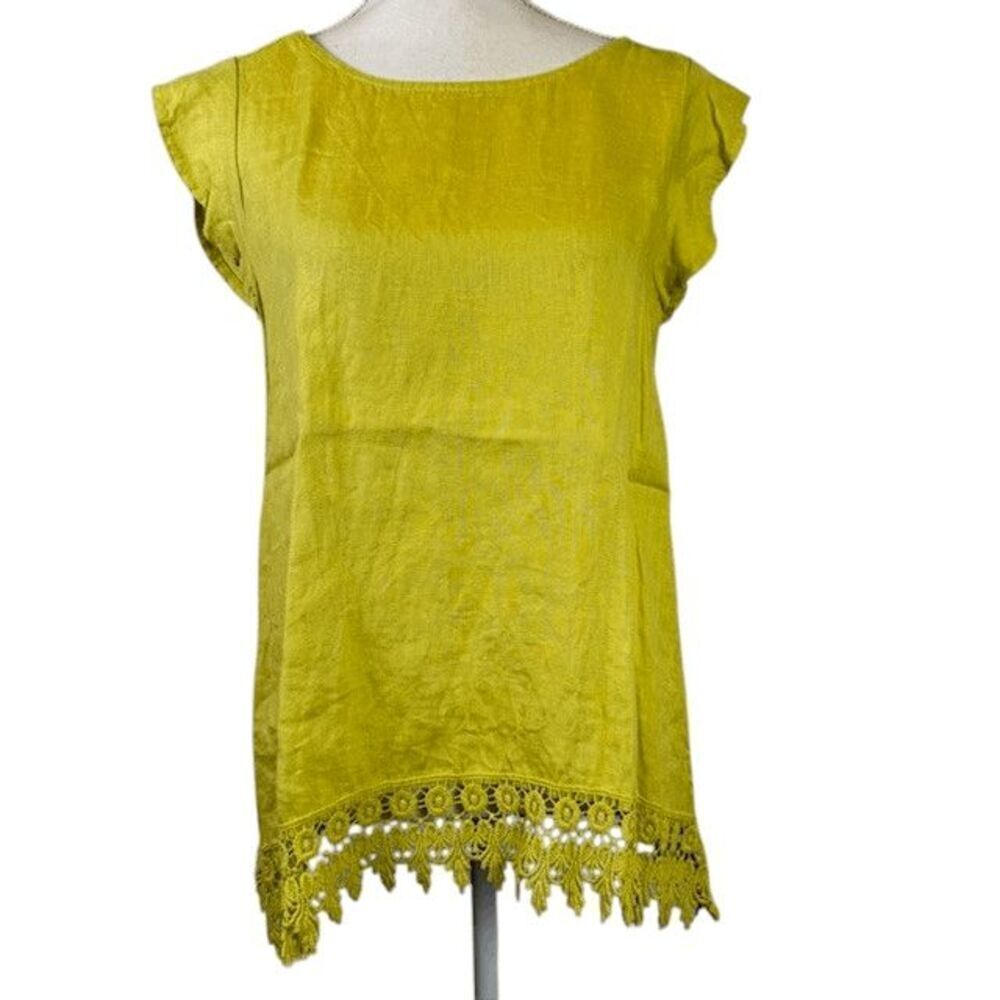 Terzo Millennio Linen Top Embroidered Lace Hem Tunic Chartreus Green Size Small